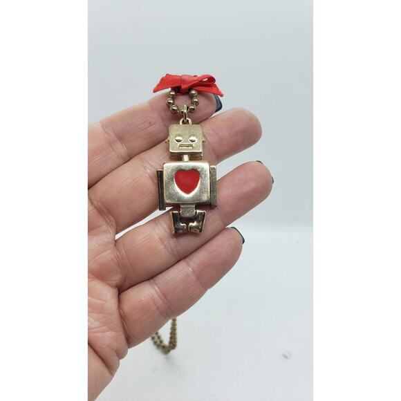 Cute Gold ROBOT and Love Pendant Necklace Arms Legs Move Red Bow Forever 21 - Picture 7 of 8